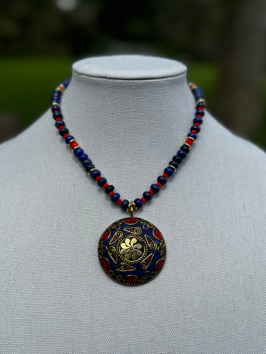 Lapis lazuli and coral Tibetan necklace