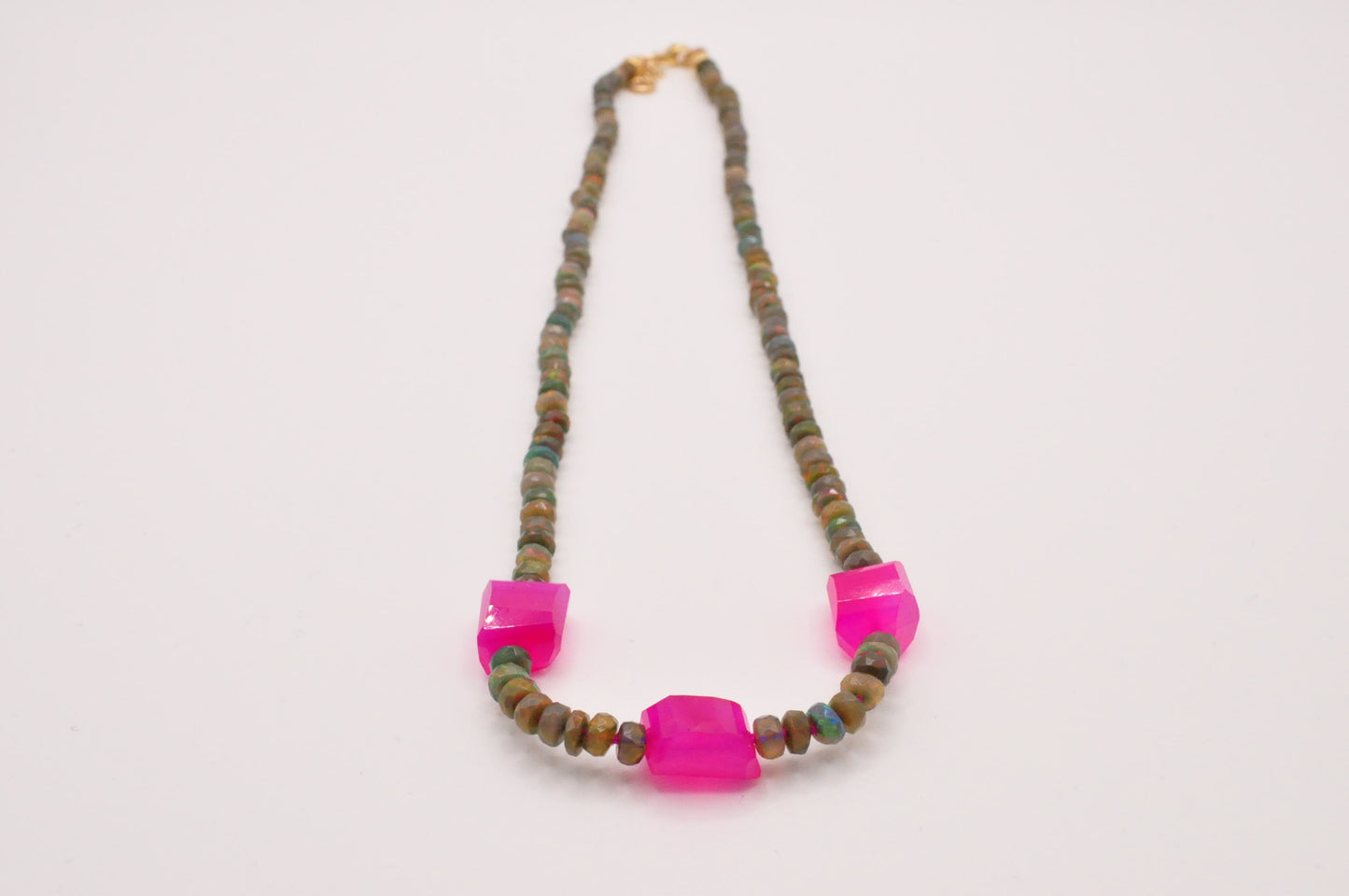 Black opal and pink chalcedony hand-knotted neckace