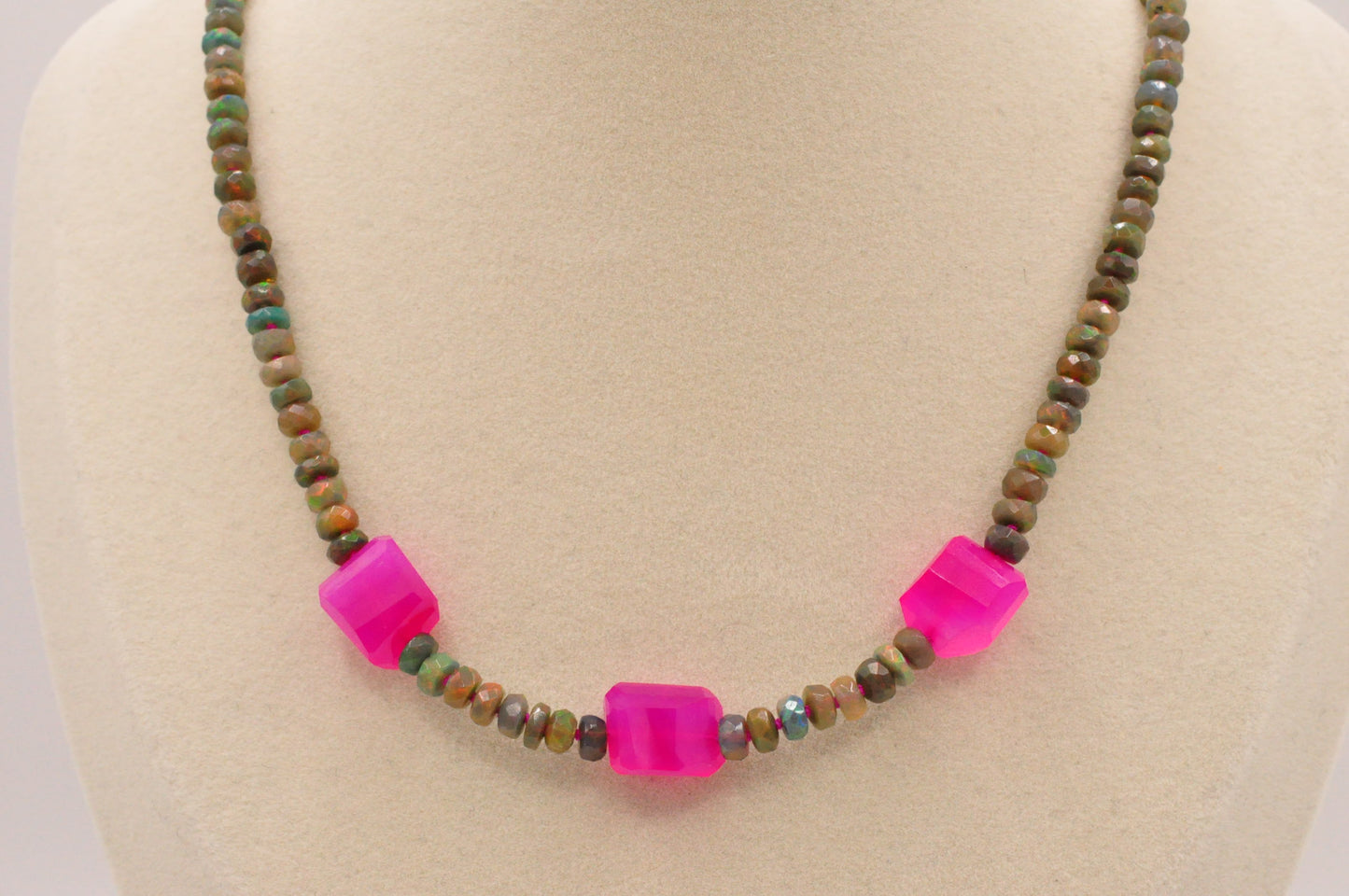 Black opal and pink chalcedony hand-knotted neckace