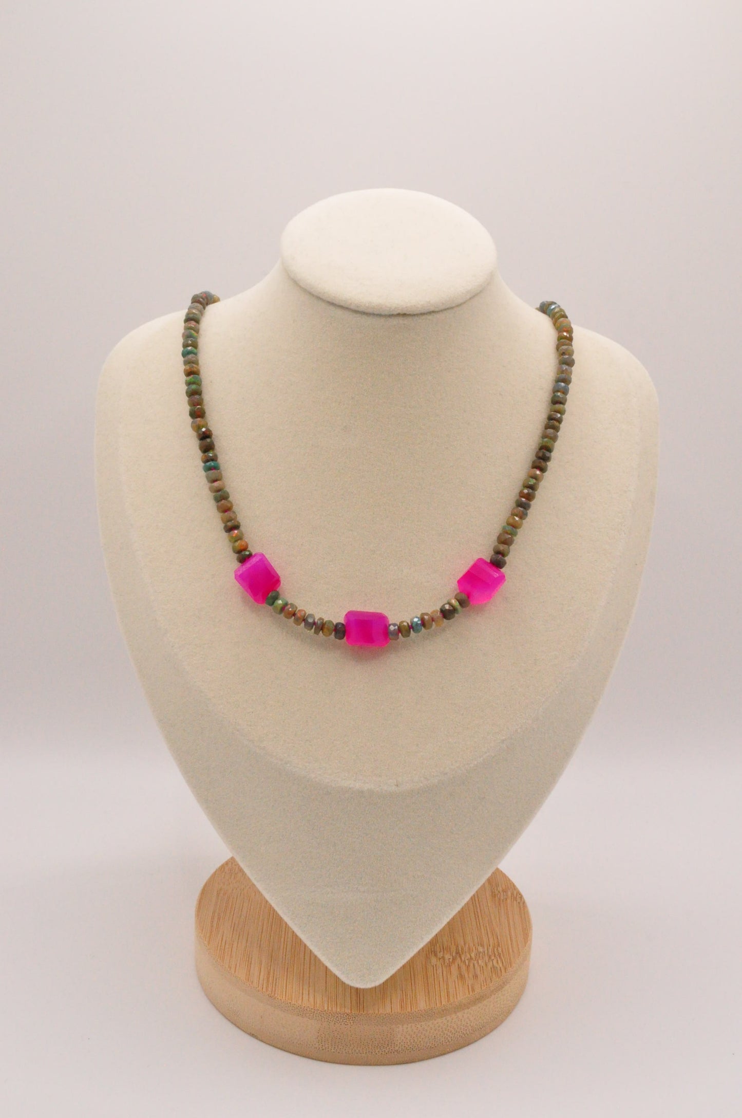 Black opal and pink chalcedony hand-knotted neckace