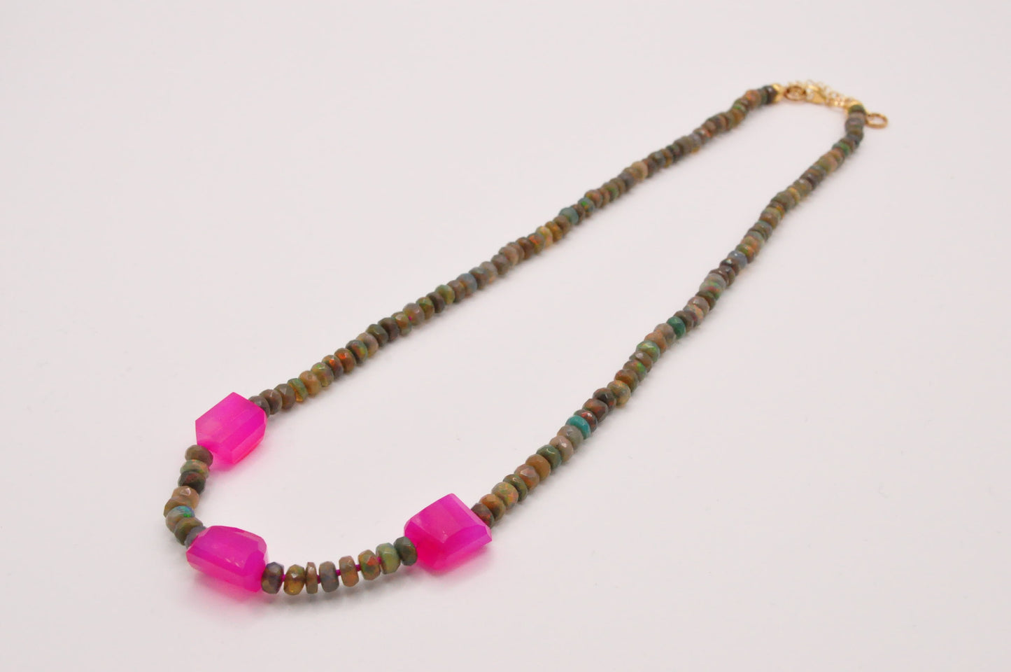 Black opal and pink chalcedony hand-knotted neckace