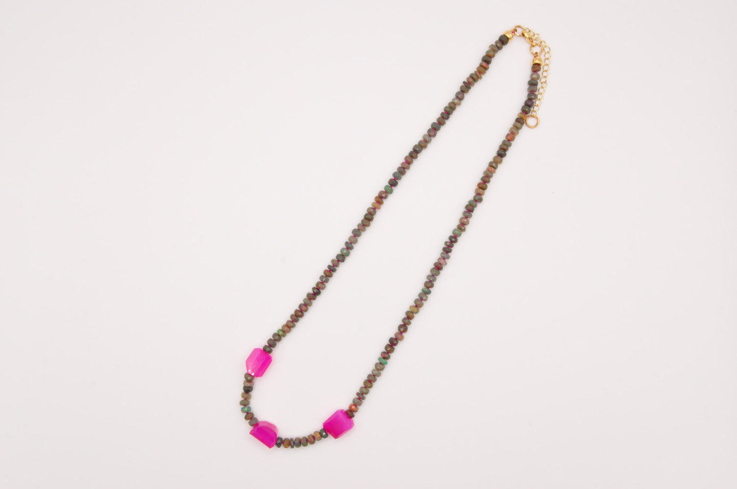 Black opal and pink chalcedony hand-knotted neckace