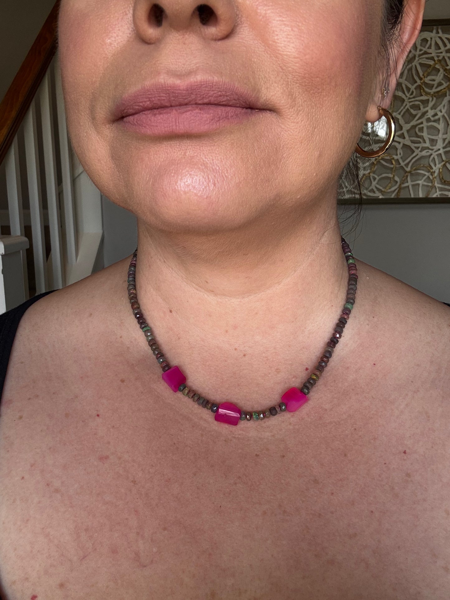 Black opal and pink chalcedony hand-knotted neckace