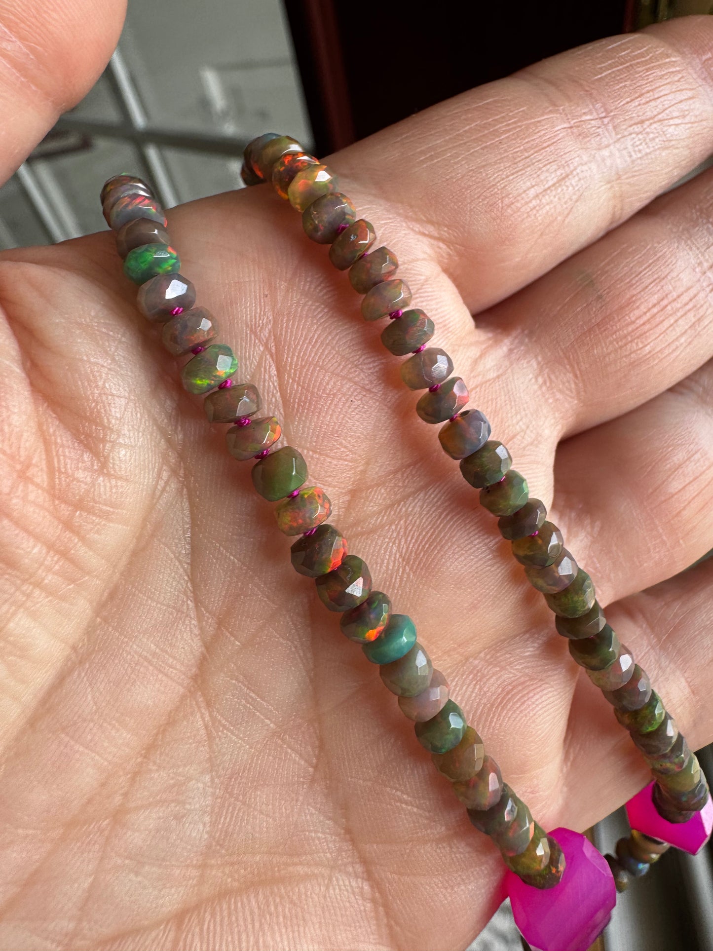 Black opal and pink chalcedony hand-knotted neckace