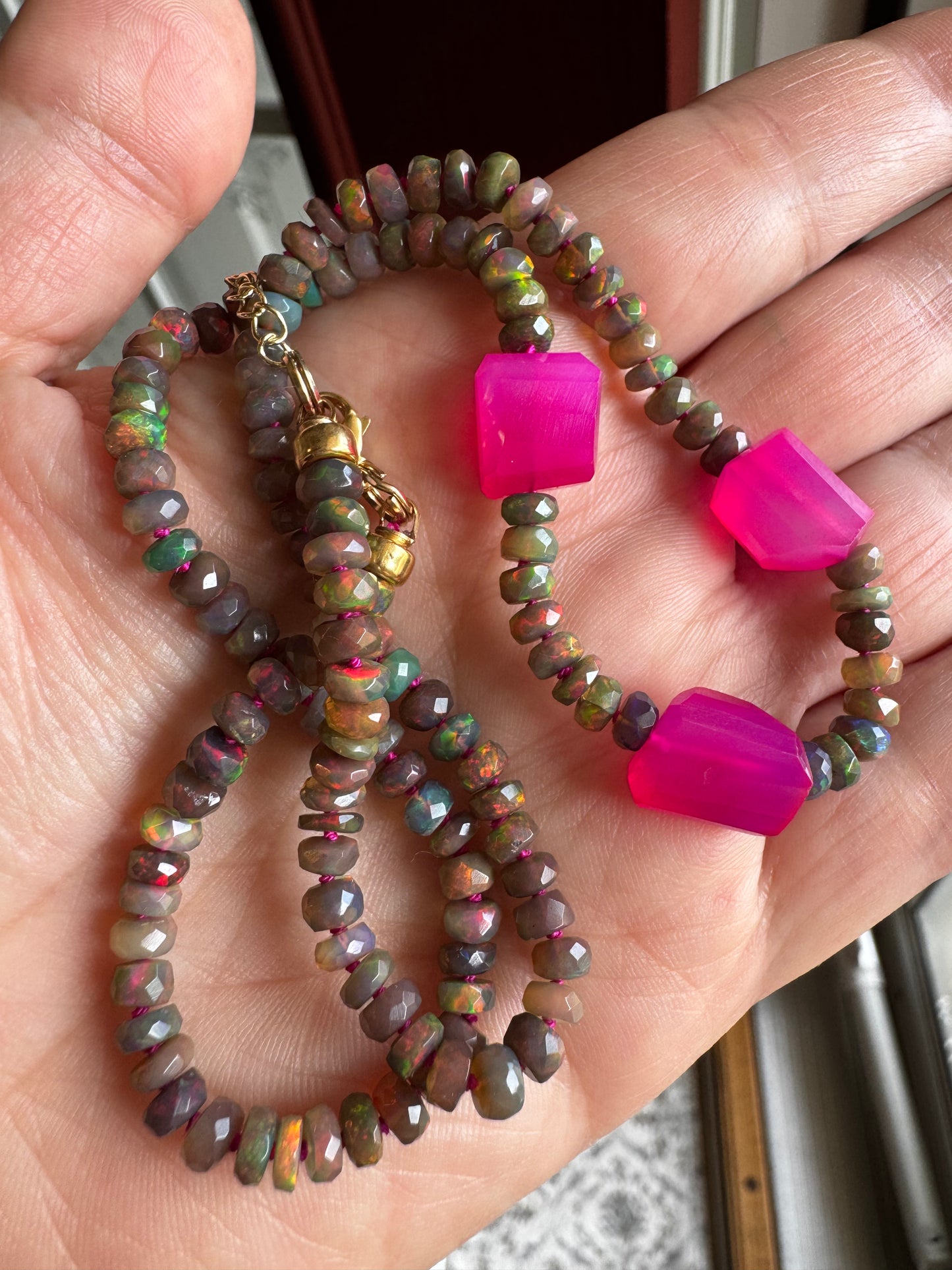 Black opal and pink chalcedony hand-knotted neckace