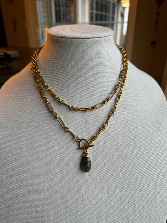 Convertible trombone chain necklace with labradorite charm - 12K plated